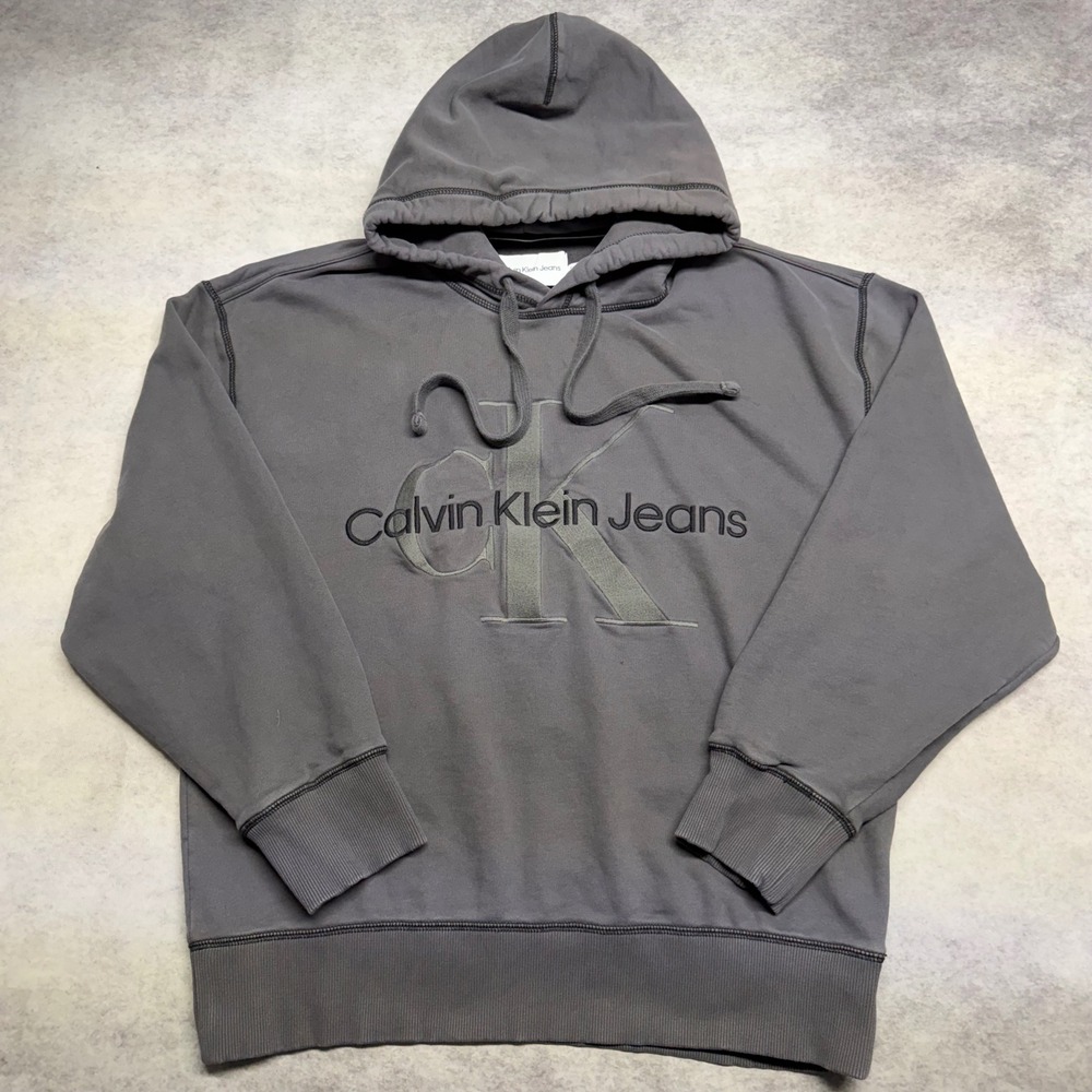 Calvin Klein Jeans Monogram Logo Pullover Mens XXL Gray Embroidered Heavy Hoodie